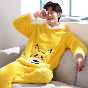 

Boyfriend Girlfriend Pajamas Pikachu Set Sleepwear Suit Long Sleeve Top+Long Pant Winter Thick Warm Coral Velvet Cartoon Pyjamas