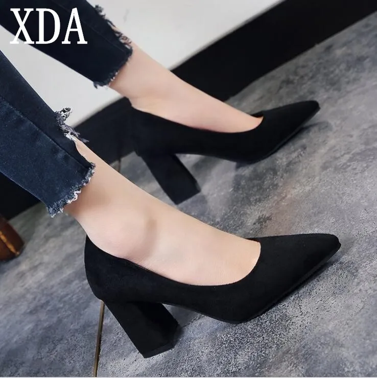 XDA/2018 Летняя женская обувь на высоком каблуке, туфли-лодочки на толстом каблуке, Женская пикантная обувь для вечеринок, простая модная обувь