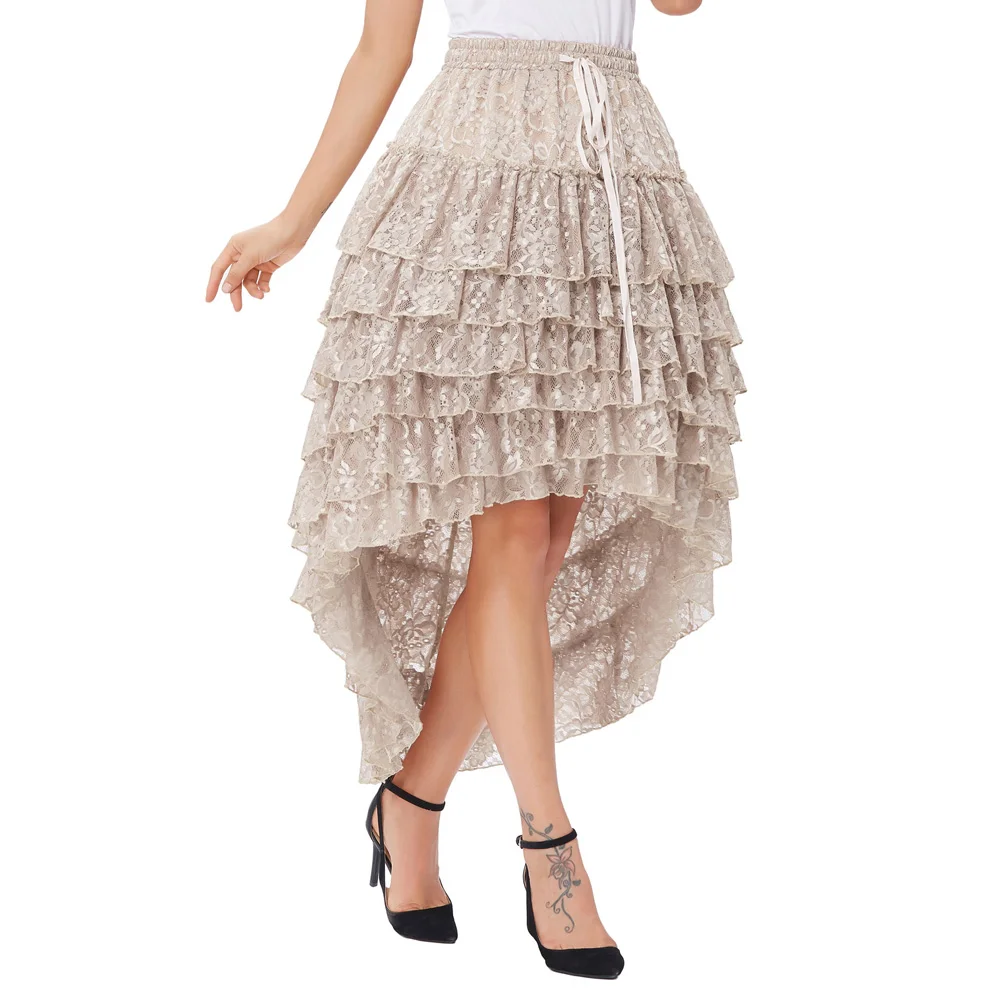 

Women Skirt Polyester Solid Color Lining Drawstring Waist Ruffled Amelia Gothic Steampunk Lace Cake Skirt Design New