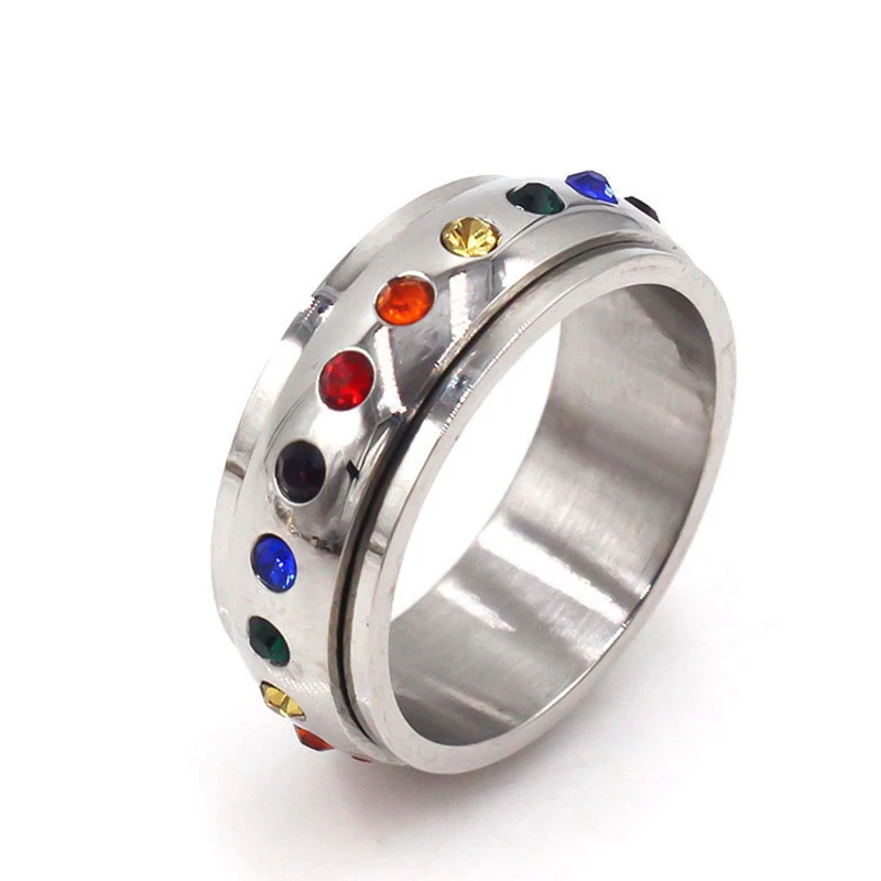 

Rotating Spinner Ring For Women Rainbow Crystal Stone Stainless Steel USA Size