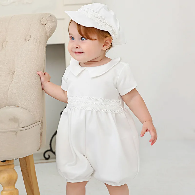 2 предмета, 1 год, одежда для маленьких мальчиков на день рождения, крестильное платье, комплект одежды для новорожденных младенцев, белая одежда комбинезоны+ шляпа