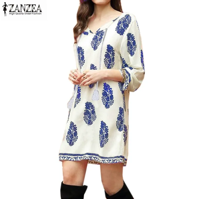 ZANZEA Этнические Ретро женские летние кружевные V шеи кисточкой цветочные 3/4 рукав вечерние мини платье размера плюс