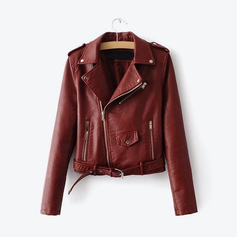 Pink Biker Faux PU Leather Womens Short Jacket Long Sleeve Motorcycle Multy Zipper Jackets Ladies 2019 Winter Fall Female Coats