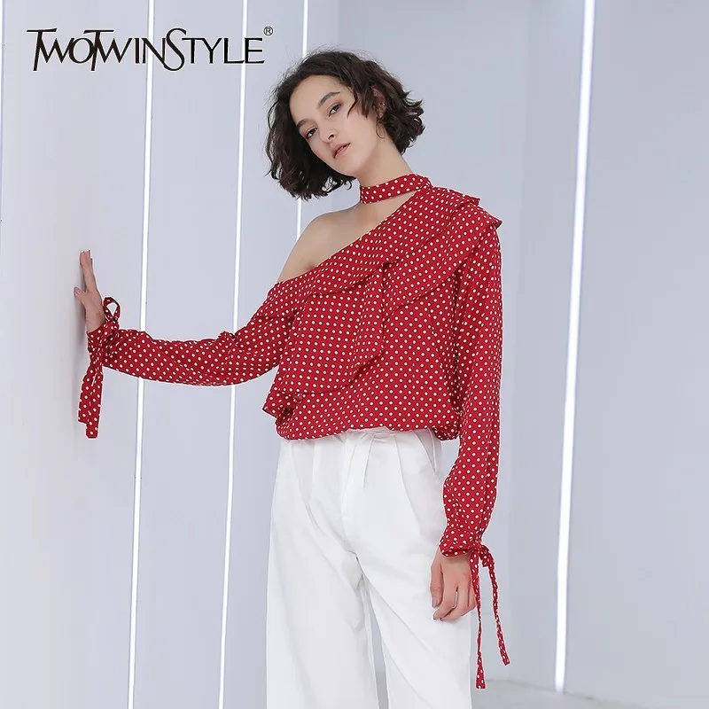 

TWOTWINSTYLE Polka Dot Blouse Shirts Female Ruffles Off Shoulder Lace Up Long Sleeve Women's Blouse Sexy Tops 2019 Autumn Casual