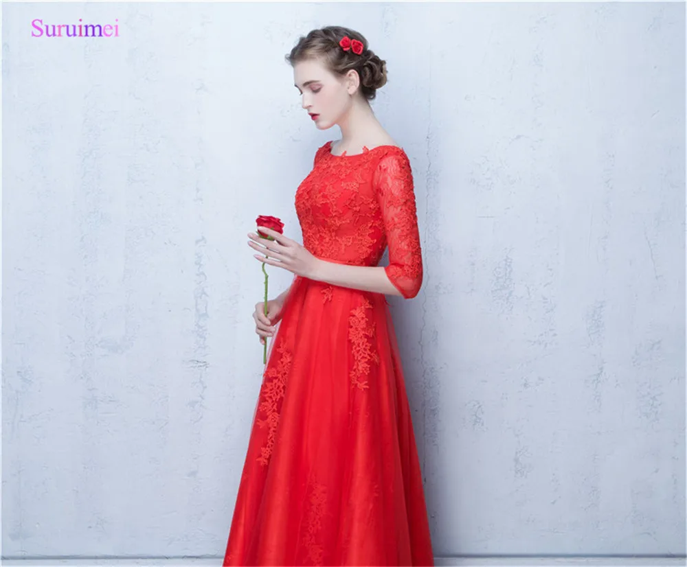 Платья подружки невесты с коротким рукавом аппликация из кружевного тюля платье на шнуровке сзади чистая Иллюзия Красное длинное свадебное платье невесты
