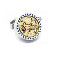 Promotion 2015 New Functional Watch Movement Cufflinks Blue Crystal cufflinks Steampunk Gear cufflink Best Gift cuff links