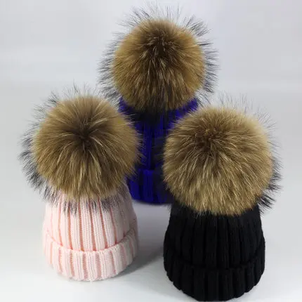 

Real Fur Hat Knitted Real Big Raccoon Pom Pom Hat Women Winter Hat Unisex Kids Warm Chunky Thick Stretchy Knit hat
