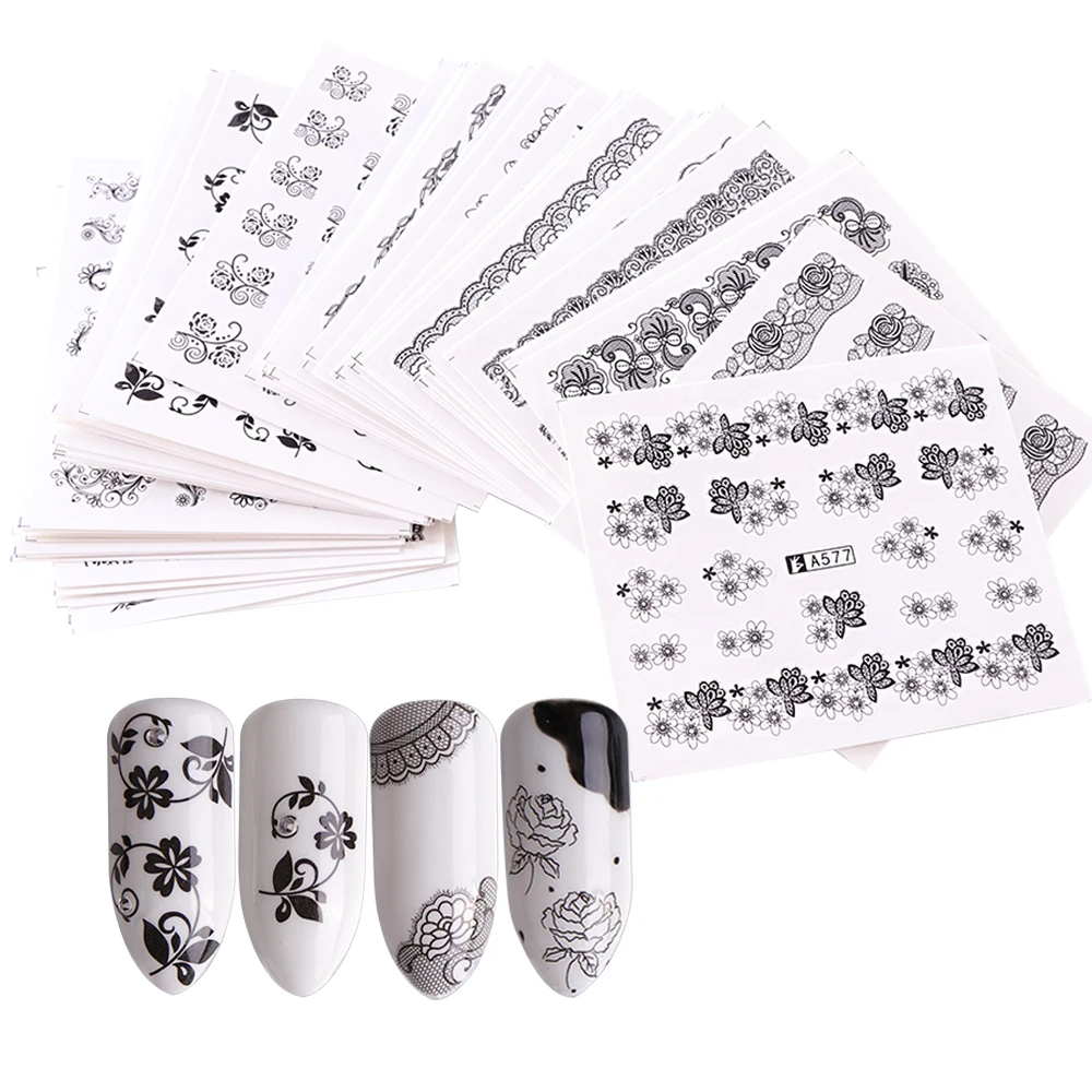 

40pcs Water Transfer Nail Stickers Sexy Lace Pretty Black Flowers Design Nail Wraps DIY Nail Art Decorations Stickers TRA577-624