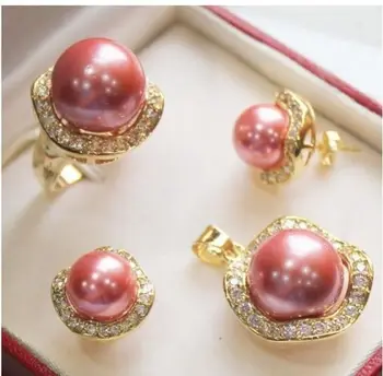 

FREE SHIPPINGJewelry pink shell pearl pendant necklace ring earring sets +free Chain (A0423)