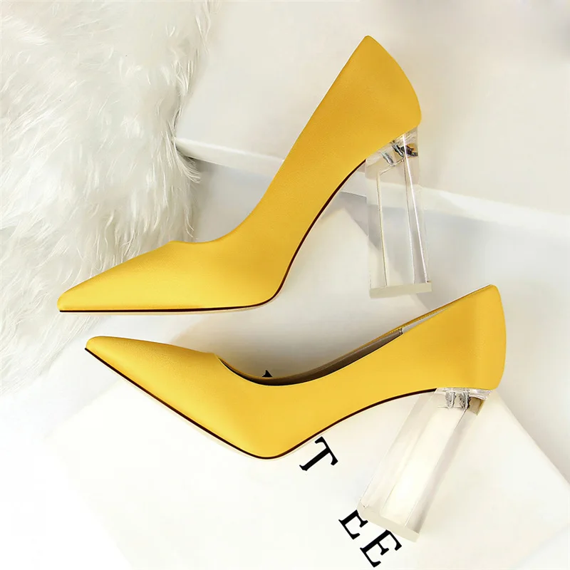 Размера плюс Для женщин Блок туфли на высоком каблуке(10 см); женские зеленые атласные женские туфли-лодочки женские свадебные цвет желтый, синий; размеры 34–43 шелк прозрачная обувь Прямая - Цвет: Цвет: желтый