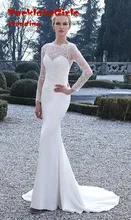 custom made slim long sleeves wedding dress 2017 o neck white satin lace bridal marry gowns for wedding party bruidsjurken