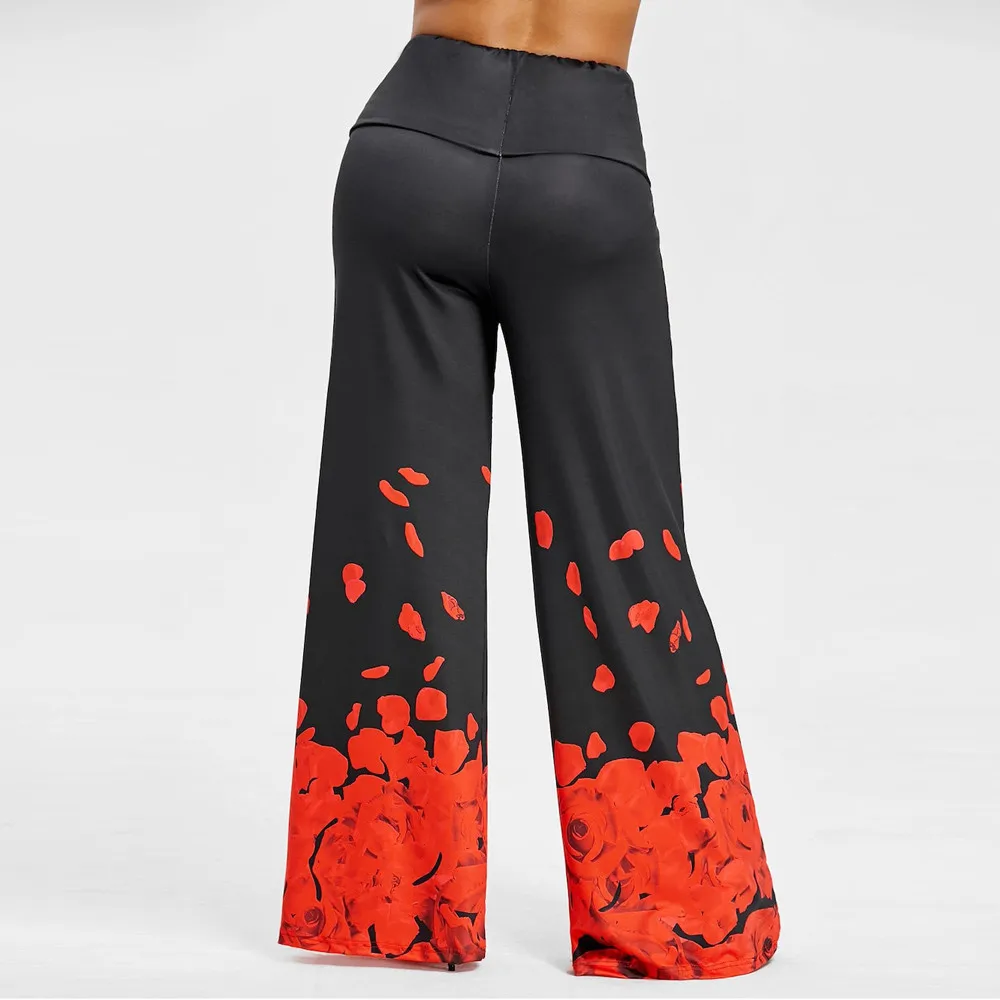 NEW Fashion Womens Casual Wide Leg Trousers Plus Size Rose Petal Printed Loose Pants hot Free Shipping W701