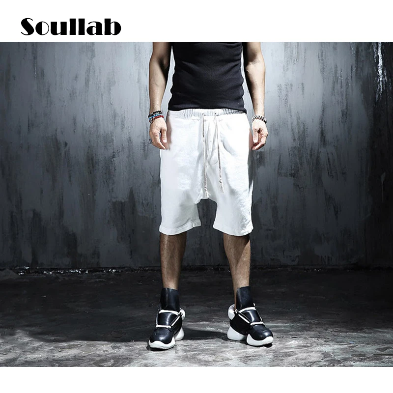 White black pockets drawstring mens unisex drop crotch ankle fifth knee