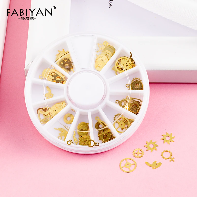 

12 Style 3D Tips Decoration Nail Art Wheel Metal Slice Gear Foils Decals Watch Parts Skeleton Punk Rock Gold Tone Tools Manicure