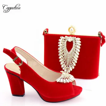 

Gorgeous red high heel sandals with handbag set charming wedding/party shoes and bag with crystal stones A3682, heel height 9cm