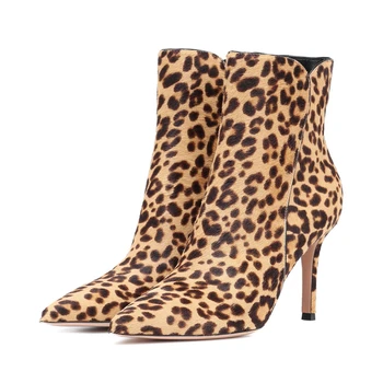 

Sexy Fashion Leopard Ankle Boots Women Pointed Toe Stiletto Heels Zipper Booties Flock Leather Dress Shoes Woman TL-A0187