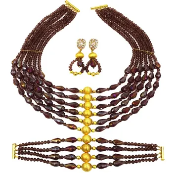 

Fashion Dark Purple Crystal African Beads Jewelry Set Nigerian Wedding Necklace Bridal Party Jewelry Sets 6C-XSD004