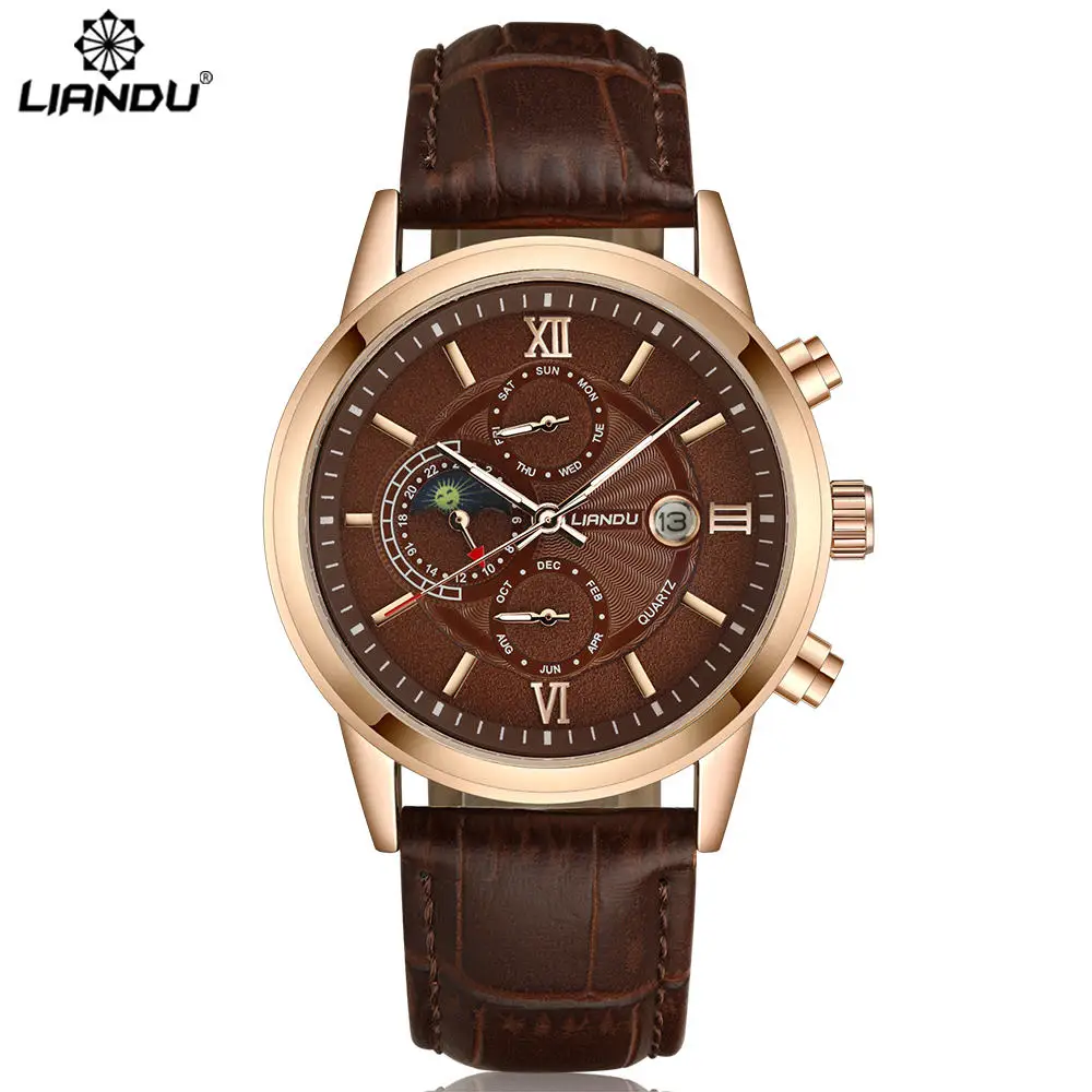 

LIANDU Men's Fashion Quartz Watch multifunctional Leather Strap Business wristwatch Men Casual Watch male Military clock hours