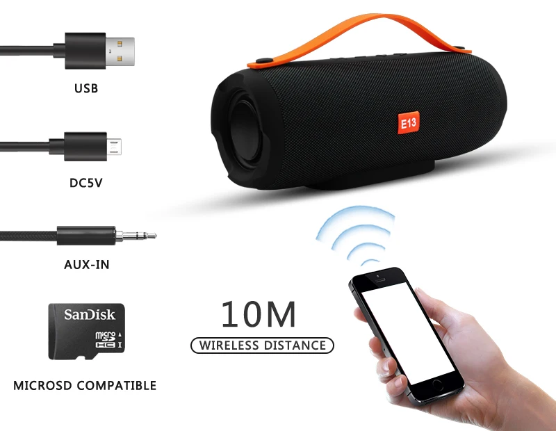 E13 Портативный беспроводной Bluetooth динамик стерео большая мощность 10 Вт система сабвуфер Колонка s для компьютера с TF FM радио