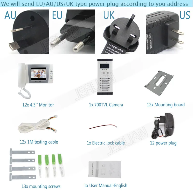 JERUAN квартира 4,3 дюймов ЖК-видео домофон 12 ручной монитор 1 HD IR COMS камера для 12 дома