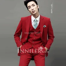Лидер продаж, Свадебный костюм на заказ, красные свадебные костюмы жениха с двумя пуговицами, сценический концертный наряд(куртка+ брюки+ жилет+ галстук