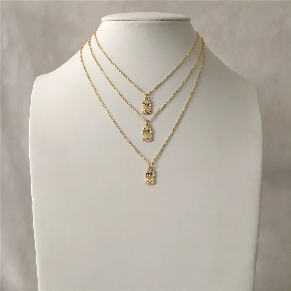 

CUTE GOLD COLOR SMALL TRIPLE OWL DOUBLE FACED PENDANT LAYERED NECKLACE