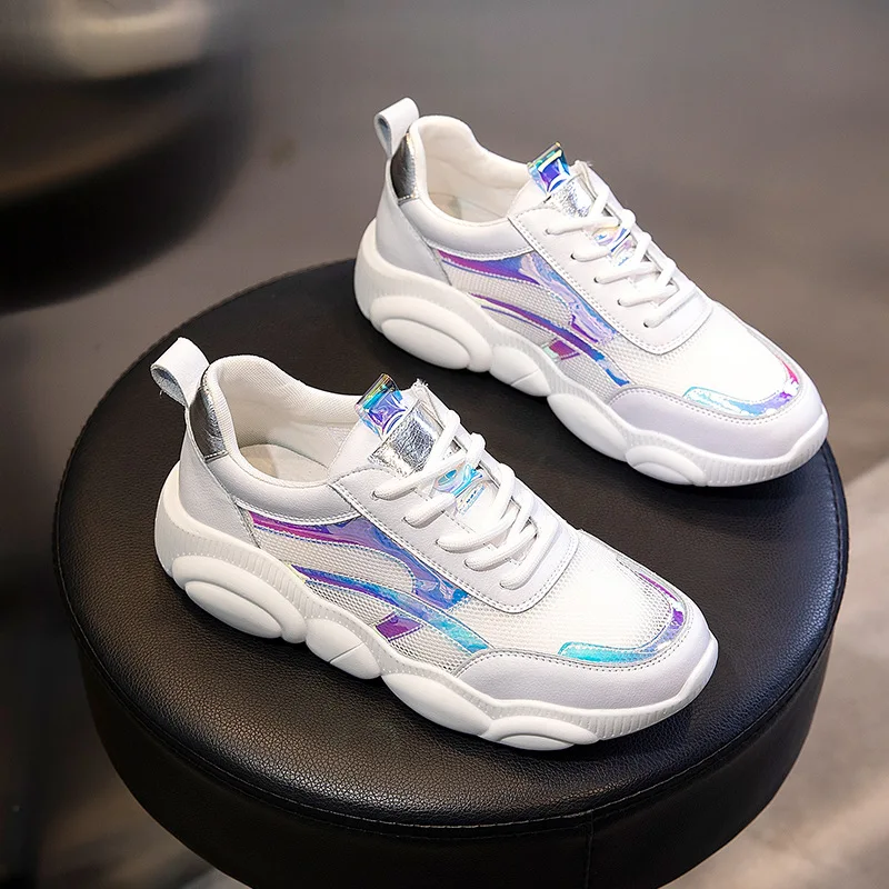 

Women's white shoes color matching sequin mesh leather breathable sports shoes spring autumn fashion new comfortable casual shoe