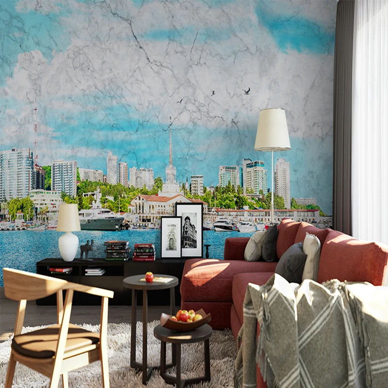 

Custom Photo Wall Mural Modern Wallpapers Urban Landscapes Blue Sky 3D Wallpapers for Livingroom Bathroom Lobby Background Mural