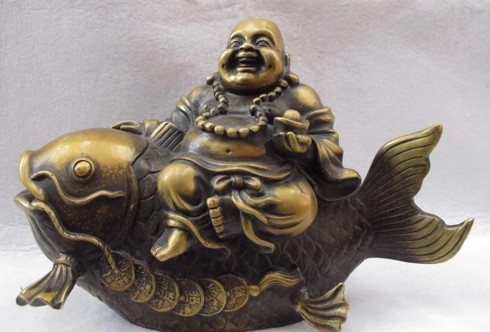 

Chinese Folk Copper Bronze Lucky wealth Ride Fish YuanBao Maitreya Rohan Statue