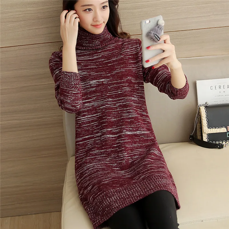 Длинное зимнее платье в Корейском стиле; свитер с высоким воротником; утепленный свитер с тонкой подкладкой - Цвет: see chart