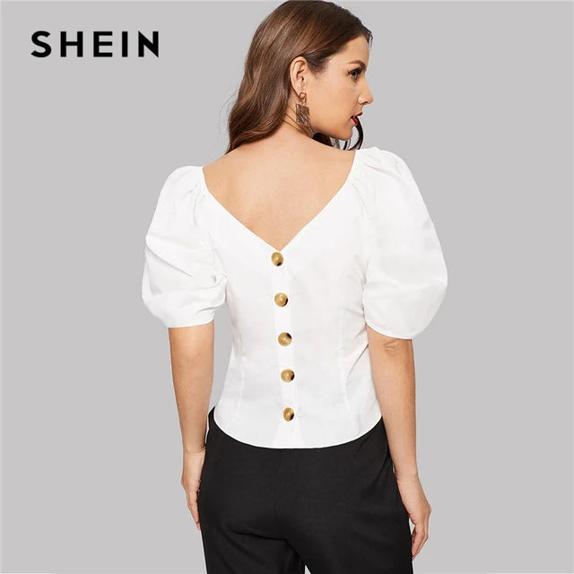 Download SHEIN Vintage White Double V neckline Short Puff Sleeve ...