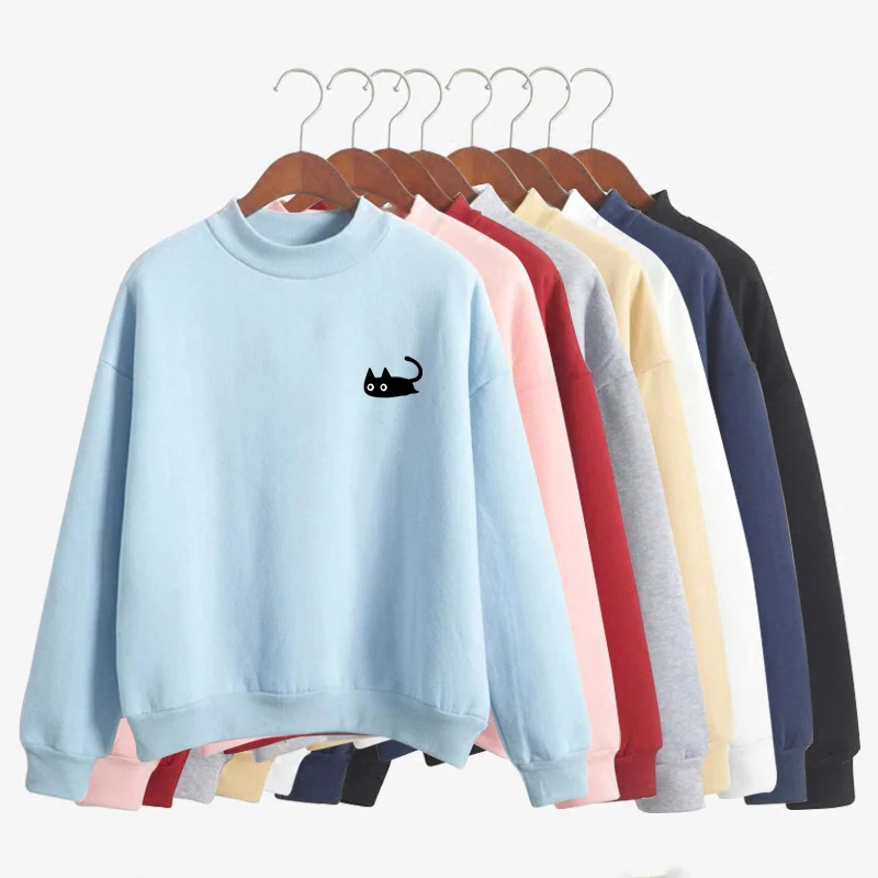 

Spring Autumn Casual Wear Pullovers Fleece Cute Printed Hoodies Women Kawaii Cartoon Black Cat Long Sleeve Harajuku Sweatshirt