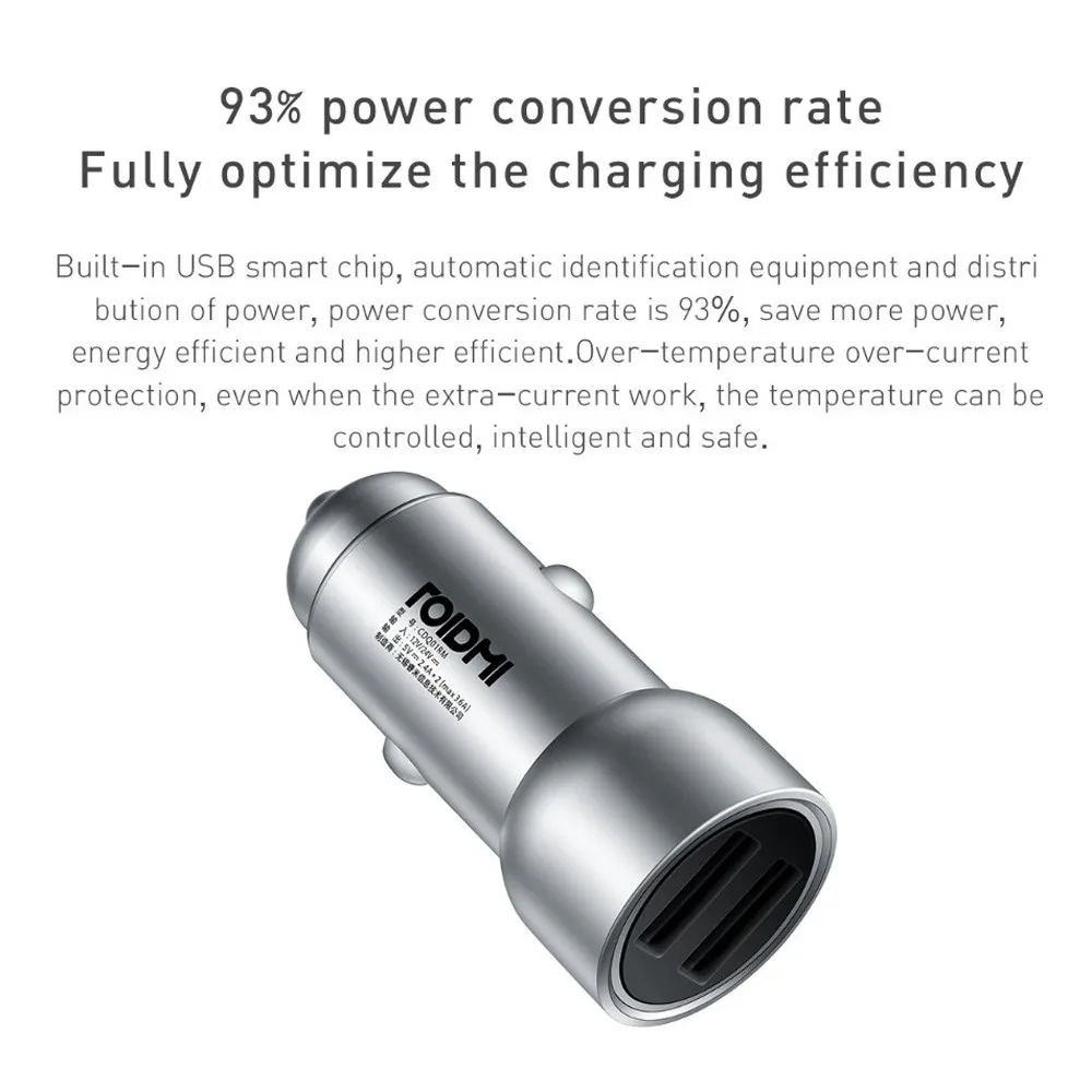 Roidmi C1 быстрое и интеллектуальное автомобильное зарядное устройство металлический внешний вид двойной Usb выход совместим для всех автомобилей для Ios и Android телефон