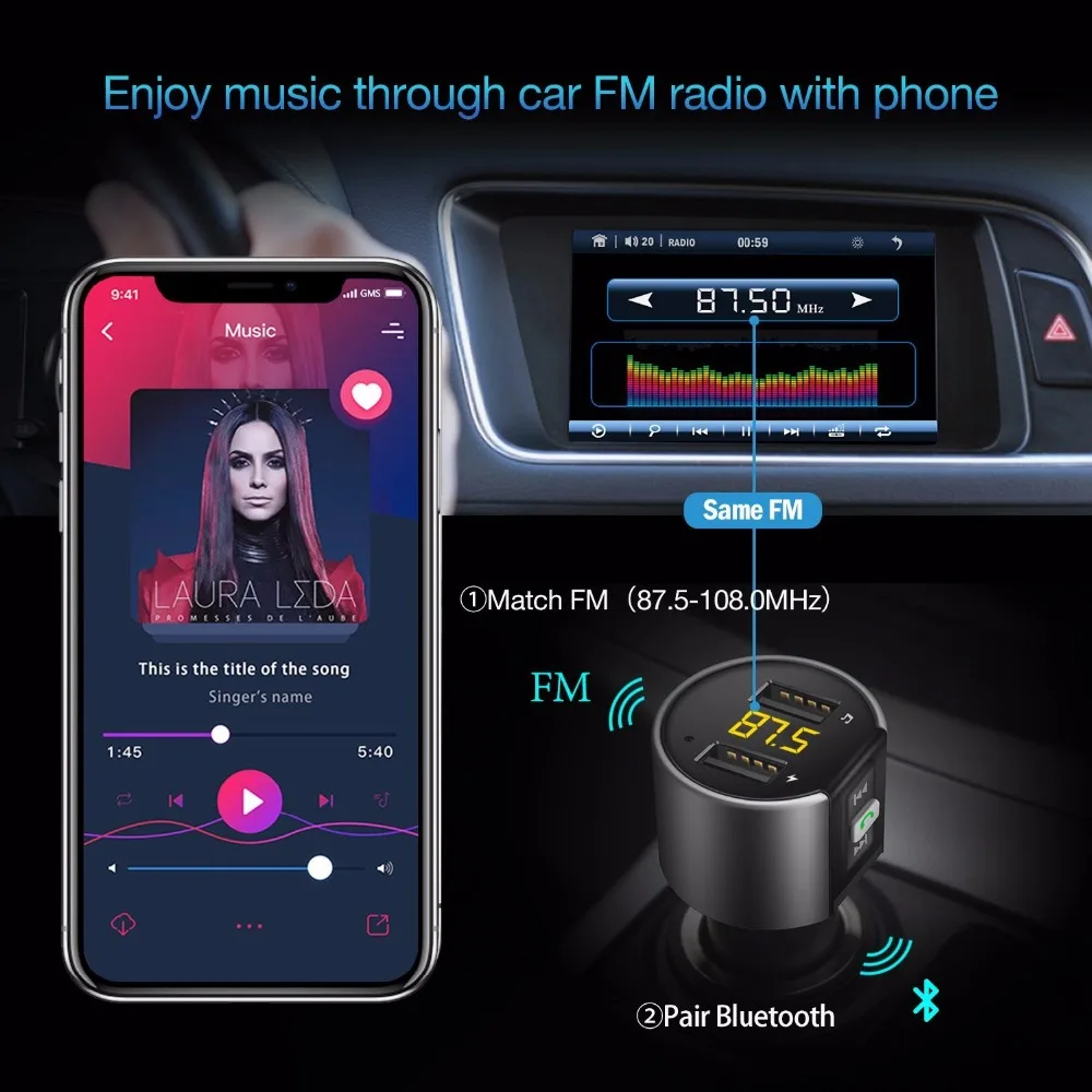 Najtaniej Nadajnik bluetooth fm bezprzewodowy w samochodzie MP3 odtwarzacz V4.2 zestaw samochodowy bluetooth nadajnik radiowy fm Modulator podwójny port ładowarki usb