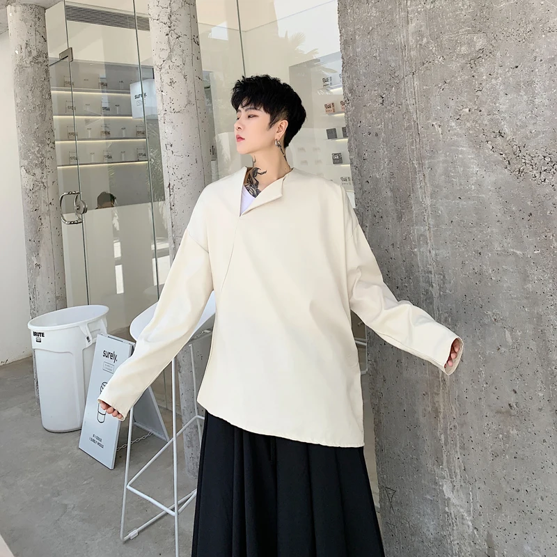 

MIXCUBIC 2019 Autumn England style Unique irregular lapel design shirts for men Casual loose Hedging shirts men size M-XL