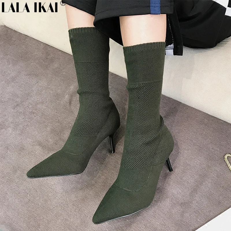 

LALA IKAI Women Sock Boots Spring Sexy Pointed Toe Ladies Boots Thin Heels Autumn Knitting Mid-Calf Boots XWC2179-5