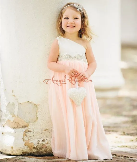 

Cute white and pink long chiffon flower girl dresses one shoulder beading crystals A-line junior bridesmaids wedding party gowns