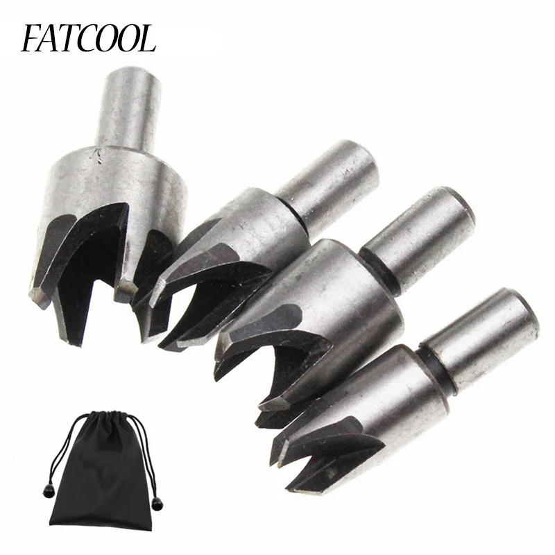 FATCOOL 4PCS Carbon Steel Carpentry Wood Plug Cutter Cutting Tool Drill