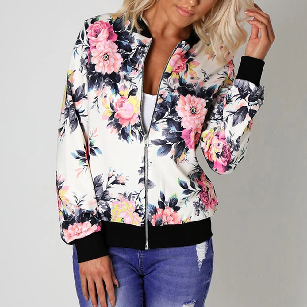 Finest Women Retro Flower Floral Print Jacket Zipper Bomber Collar Slim Coat Casual Outwear Female Autumn