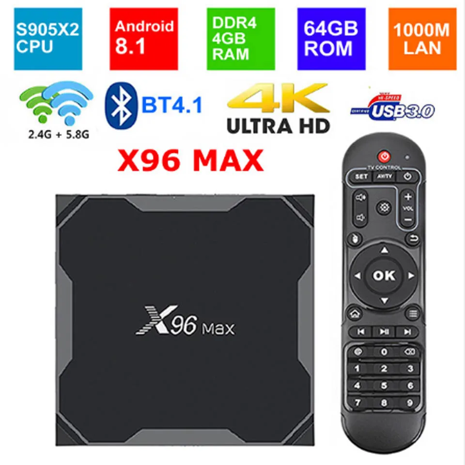 X96 Max Smart tv BOX Android 8,1 ТВ коробка Amlogic S905X2 LPDDR4 Четырехъядерный 4 ГБ 32 ГБ 64 Гб 2,4 г и 5 ГГц Wifi BT 1000 м 4 к набор верхней коробки