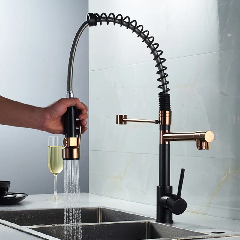  European retro rose gold + ORB black kitchen faucet all-copper multi-functional stretchable rotary  - 33010752723