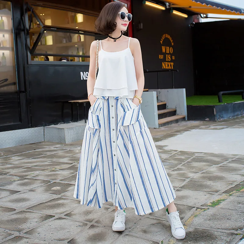 Nova Moda Verão Roupas femininas Chiffon Babados Cinta Um Pedaço de Espaguete Tira das Mulheres de Duas Peças Conjuntos de Linho Conjuntos feminino