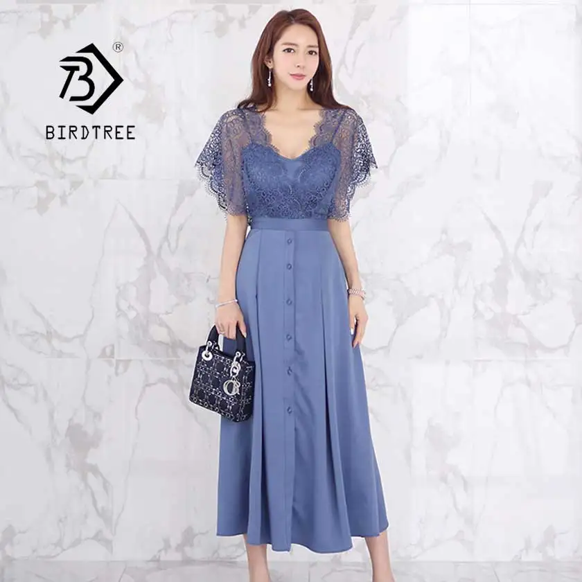 

Female Patchwork Lace Dress Hollow Out Single Breasted 2019 Women's A Line V Neck Big Pendulum Office Work OL Hot Sale D95814Z