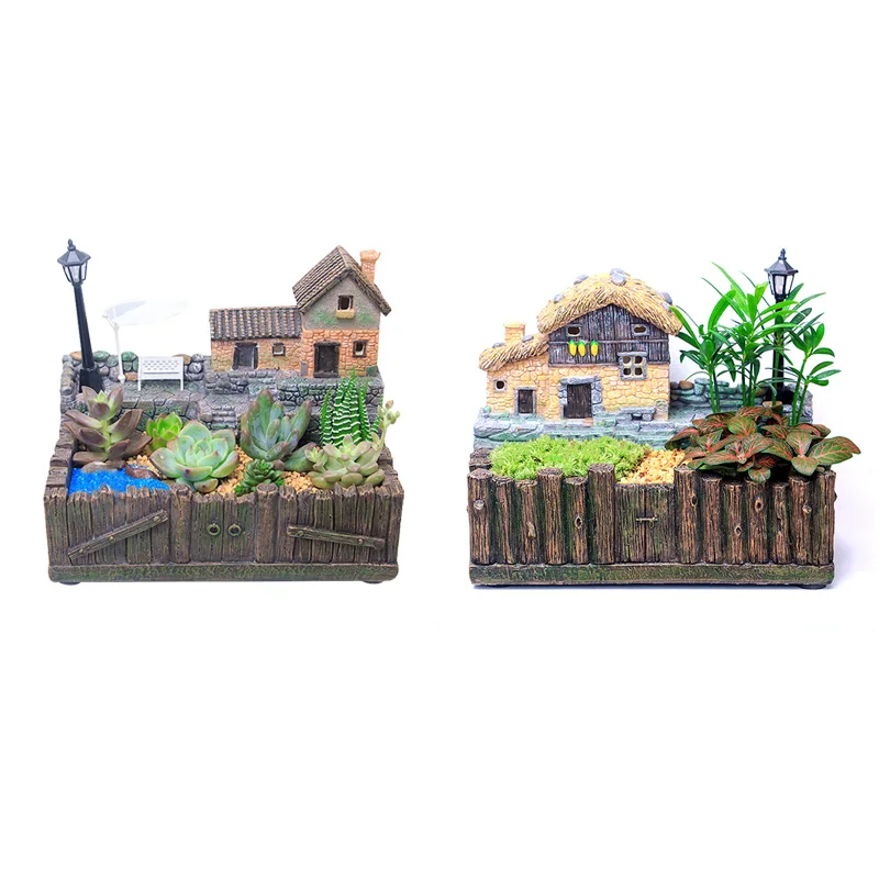 

Resin Flower Pot Succulents Plants Small Bonsai Micro Landscape Vase Garden Decoration with LED String 1pc