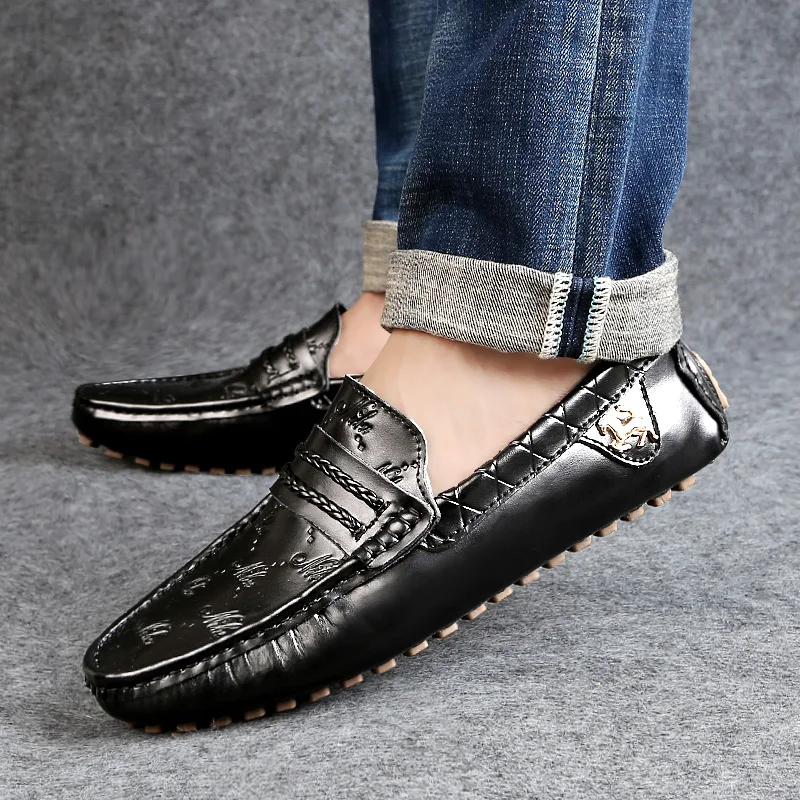 Большие размеры 37-49; Высококачественная Мужская обувь из натуральной кожи; Мягкие Мокасины; лоферы; модная брендовая мужская обувь на плоской подошве; удобная обувь для вождения - Цвет: Черный