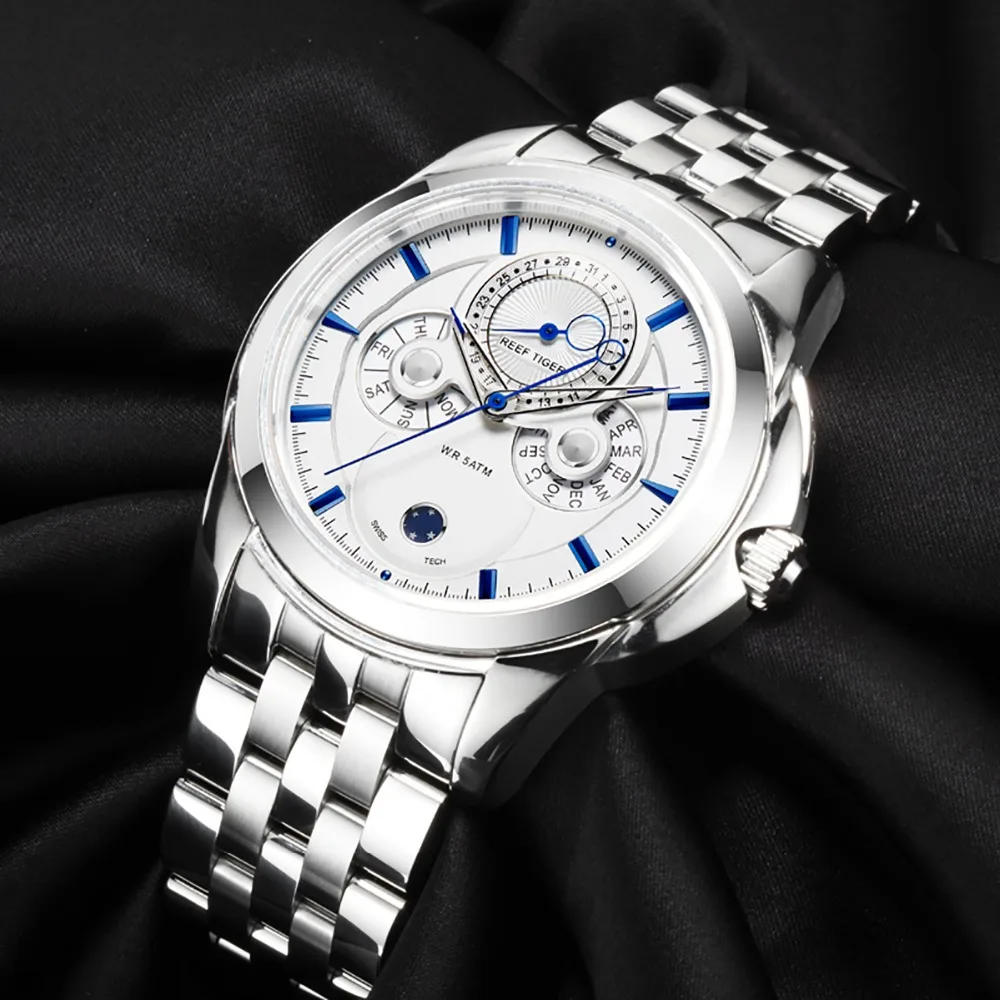  Reef Tiger/RT Watch Casual Business Complicated Watch with Date Calender Moon Phase Watch for Men R