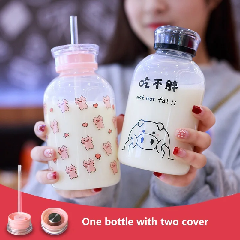 

Creative Pig Water Cup Cartoon Portable kawaii water bottle cute kids bpa free water bottle glass cup with straw for wholesale