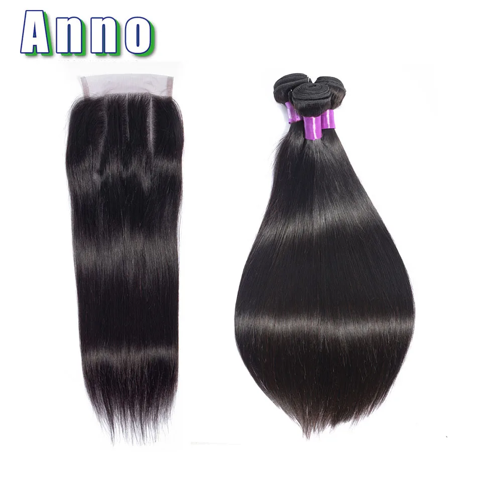 Annowig перуанский пучки прямых волос 3 Связки с синтетическое закрытие волос человеческие волосы Связки с 4*4 синтетическое закрытие