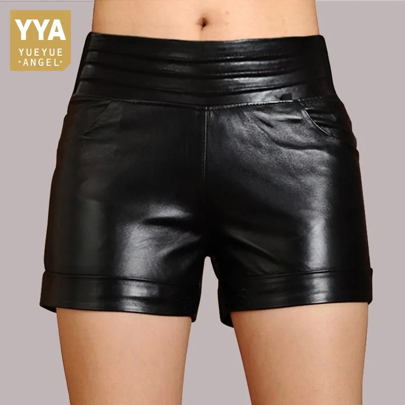 Autumn Winter High Waist Leather Shorts Women Genuine Sheepskin Casual