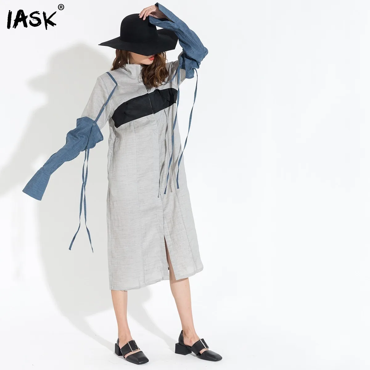 [IASK] 2017 novità estate autunno risvolto split misto manica lunga asportabile hit colore allentato vestito delle donne di modo di marea personalità AJ06